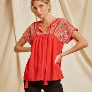 Savanna Jane Embroidered Red Short Sleeve Blouse with Tassel Ties